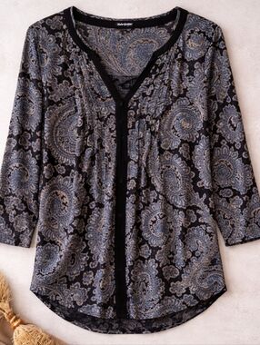 Lucky Brand Burnout Paisley Popover Top | Blue & Greige | Size M